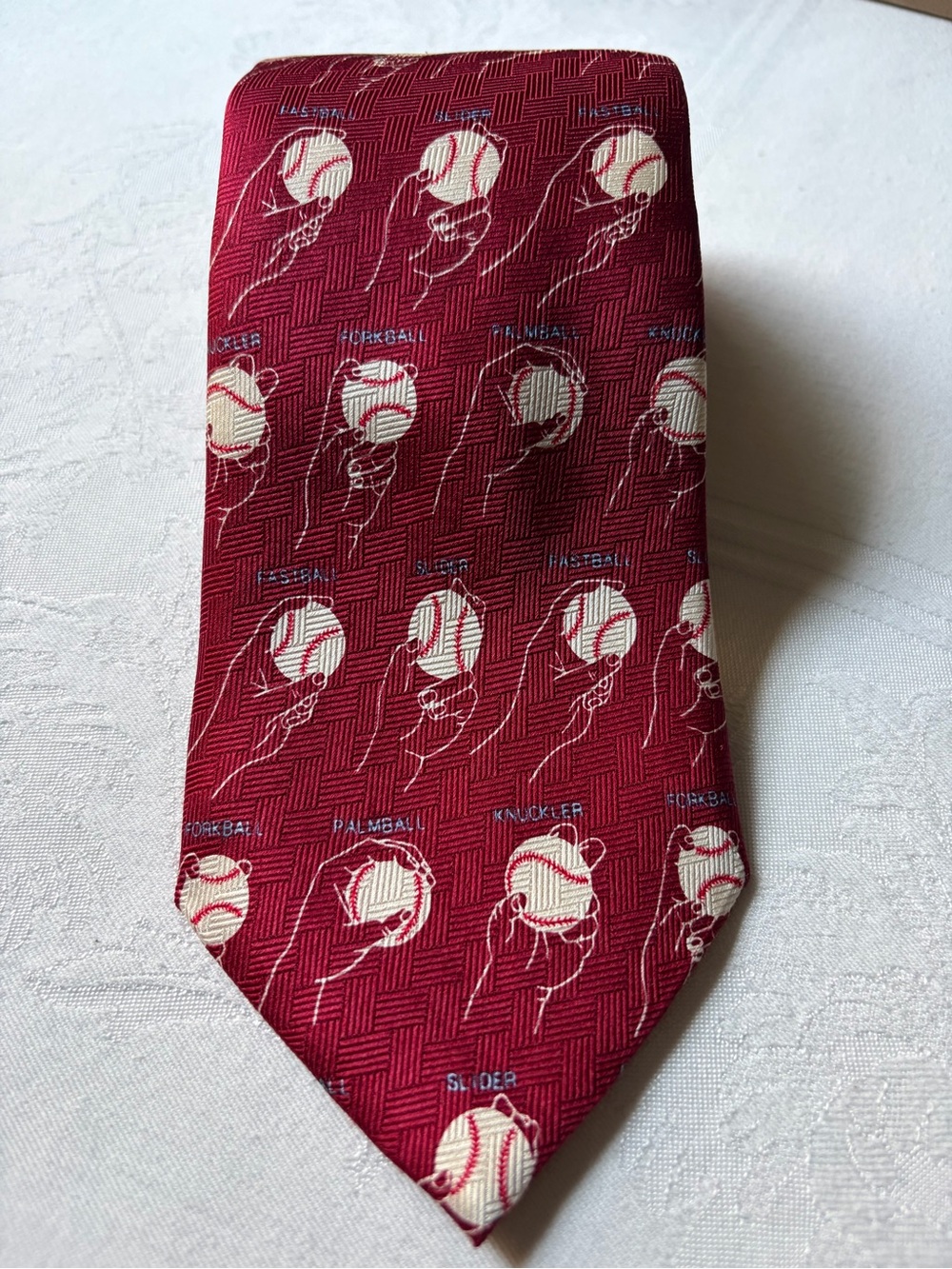 Baseball Pitch Themed Silk Burgundy Josh Bach Baseball Motif Tie